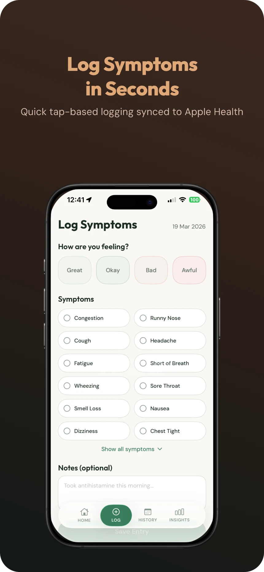 Symptom logger with quick-tap buttons