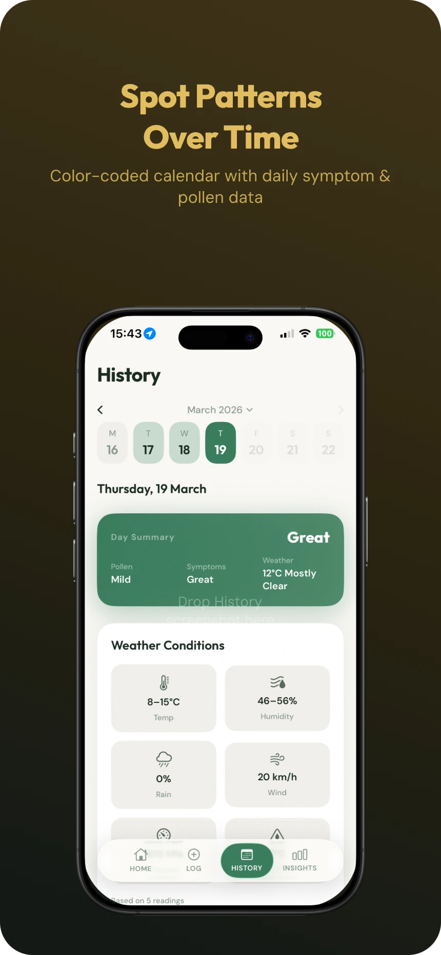 History calendar with color-coded days